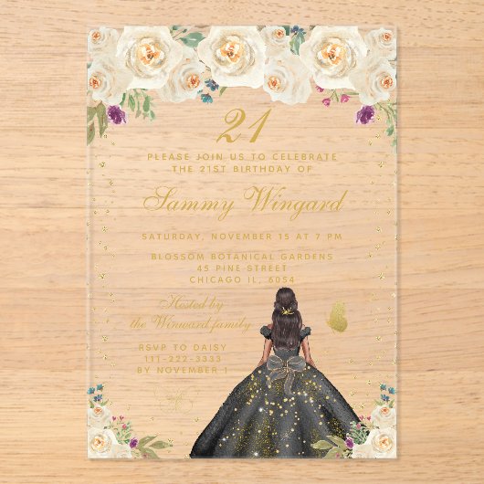 クリームフローラダークスキンプリンセスバースデーパーティー アクリル招待状 (正面)