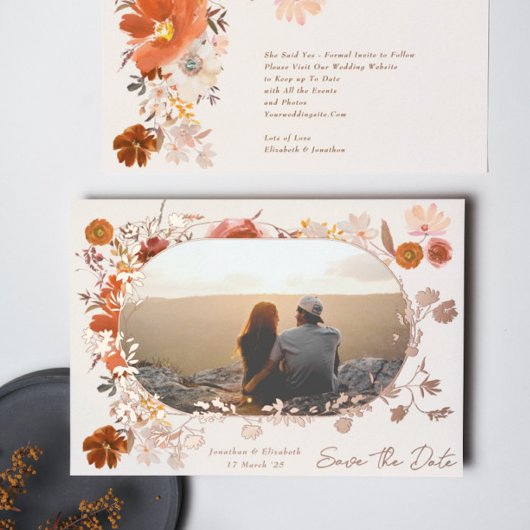 クリームフローラフレーム写真保存の日付バラ 箔招待状