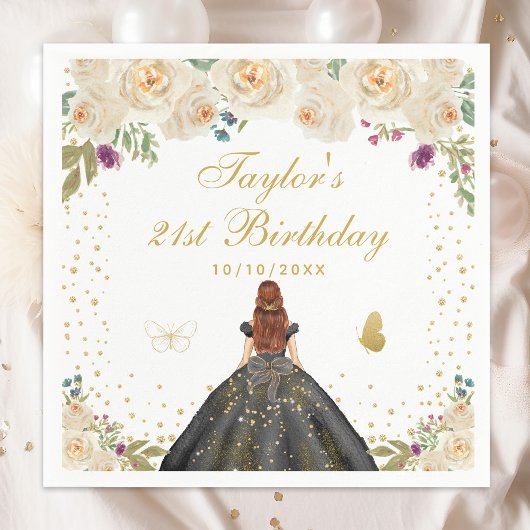 クリームフローラブラウンヘアガールバースデーパーティー スタンダードカクテルナプキン