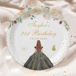 クリームフローラブラウンヘアガールバースデーパーティー ペーパープレート