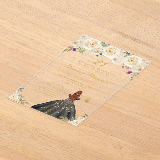 クリームフローラブラウンヘアプリンセス誕生日パーティー アクリル招待状 (レイダウン)