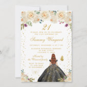 クリームフローラブラウンヘアプリンセス誕生日パーティー 招待状 (正面)