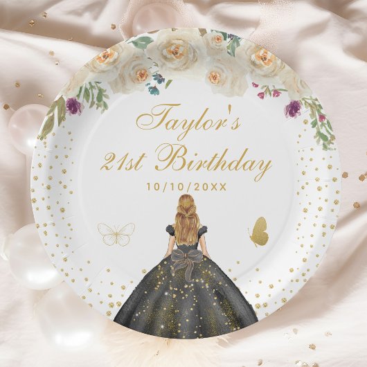 クリームフローラブロンドヘアガールバースデーパーティー ペーパープレート