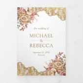 クリームフローラ金ゴールドレースQRコードフォト結婚ズ 三つ折り招待状 (カバー)