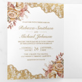 クリームフローラ金ゴールドレースQRコードフォト結婚ズ 三つ折り招待状 (内部最初)