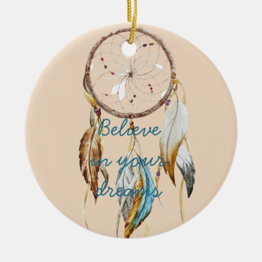 クリームブラウンターコイズドリームキャッチャーの水色 セラミックオーナメント (正面)