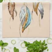 クリームブラウンターコイズホワイトフェザーズドリームキャッチャー キッチンタオル (折り畳み)