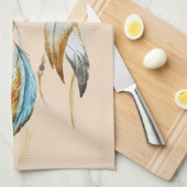 クリームブラウンターコイズホワイトフェザーズドリームキャッチャー キッチンタオル (四つ折り)