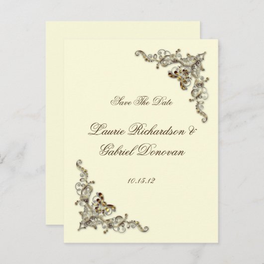 クリームブラウン華美金ゴールド宝石飾り日付を保存 案内ポストカード (正面/裏面)