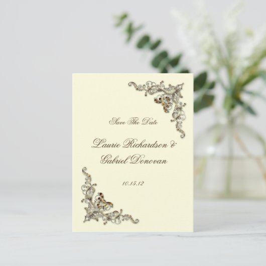 クリームブラウン華美金ゴールド宝石飾り日付を保存 案内ポストカード (スタンド正面)