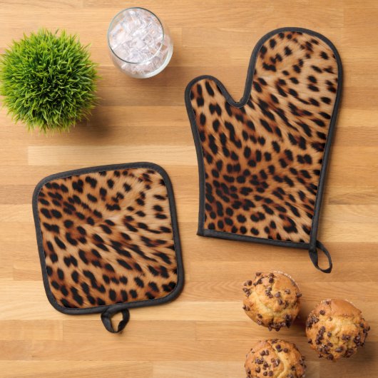 クリームブラウンLeopardプリント 鍋つかみ&鍋敷きセット (トップダウン)
