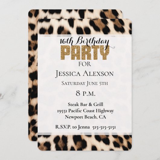 クリームブラックブラウンヒョウ金ゴールドグリッターパーティー 招待状 (正面/裏面)