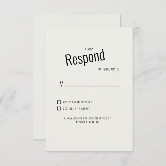 クリームブラックモダン文字ウェディングRSVP 出欠カード (正面/裏面)
