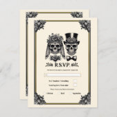 クリームブラック&金ゴールドヴィンテージスケルトンウェディングRSVP 招待状 (正面/裏面)