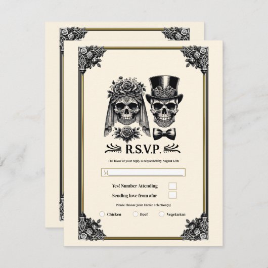 クリームブラック&金ゴールドヴィンテージスケルトンウェディングRSVP 招待状 (正面/裏面)