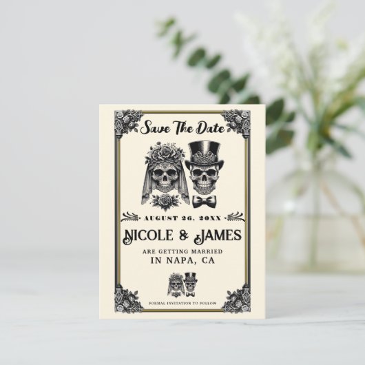 クリームブラック&金ゴールドヴィンテージスケルトン日付の保存 招待状 (スタンド正面)