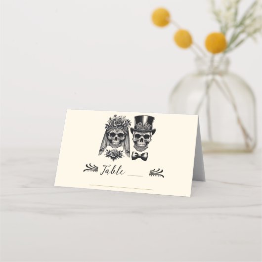 クリームブラック&金ゴールドヴィンテージ結婚スケルトン プレイスカード (正面)