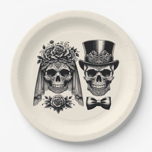 クリームブラック&金ゴールドヴィンテージ結婚スケルトン ペーパープレート (正面)
