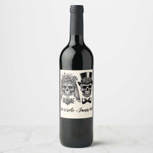 クリームブラック&金ゴールドヴィンテージ結婚スケルトン ワインラベル (正面)