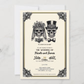 クリームブラック&金ゴールドヴィンテージ結婚スケルトン 招待状 (正面)