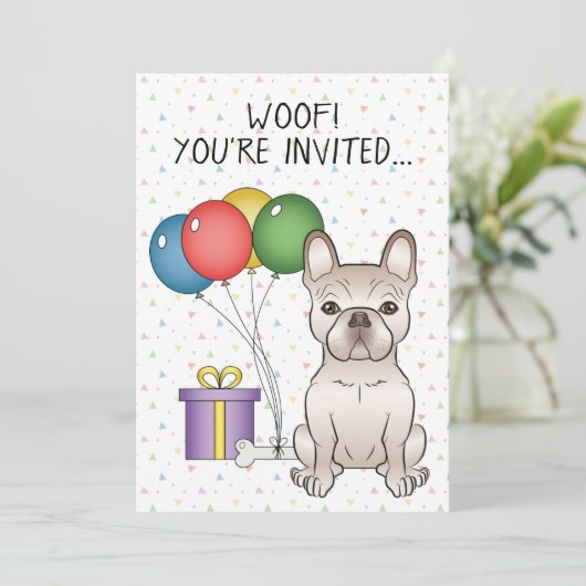 クリームブルフランスのドッグかわいい漫画の犬の誕生日 招待状 (スタンド正面)