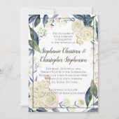 クリームブルーエレガントウォーターカラーフラワー結婚ズ 招待状 (正面)