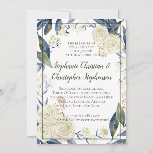 クリームブルーエレガントウォーターカラーフラワー結婚ズ 招待状 (正面)