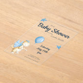 クリームブルー男女兼用ベビーシャワー アクリル招待状 (レイダウン)