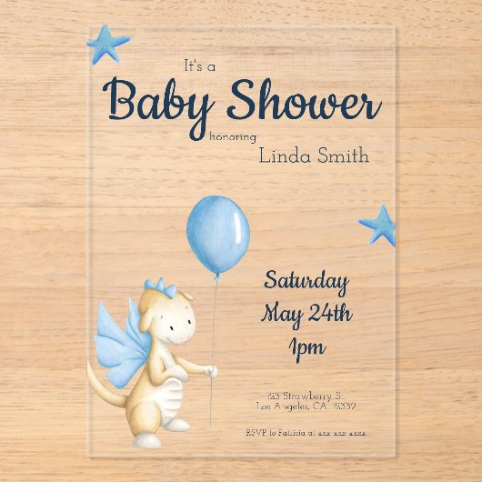 クリームブルー男女兼用ベビーシャワー アクリル招待状 (正面)