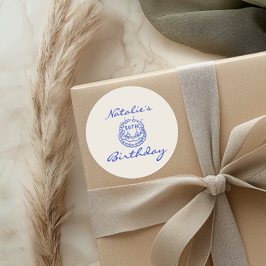 クリームブルー30th手描きケーキ誕生日パーティー ラウンドシール