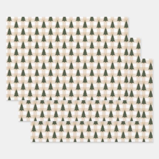 クリームプレイドの緑のクリスマスツリー ラッピングペーパーシート (セット)