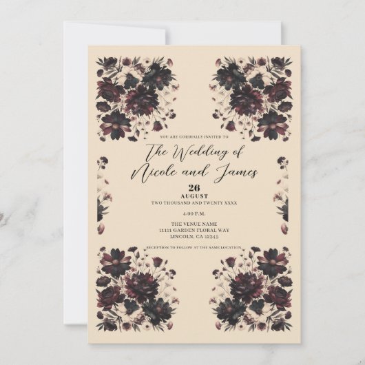 クリームベージュのヴィンテージシャビーシックな憂鬱な花柄 招待状 (正面)