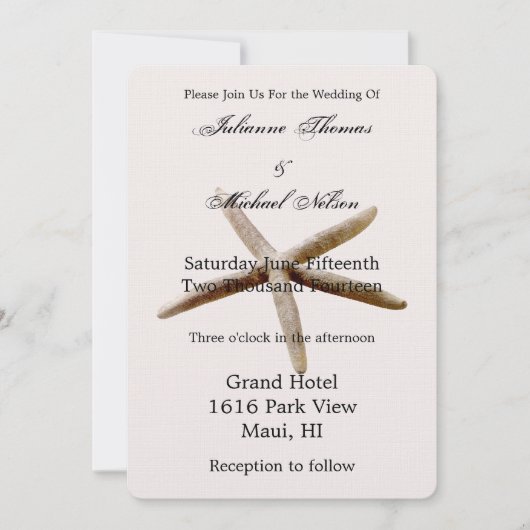 クリームベージュの頬染めスターフィッシュビーチ 招待状 (正面)