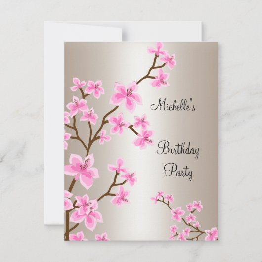 クリームベージュエレガントピンクフローラ誕生日 招待状 (正面)