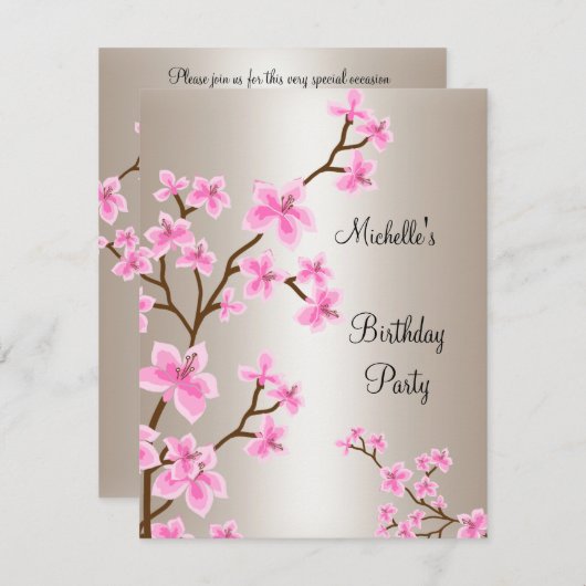 クリームベージュエレガントピンクフローラ誕生日 招待状 (正面/裏面)