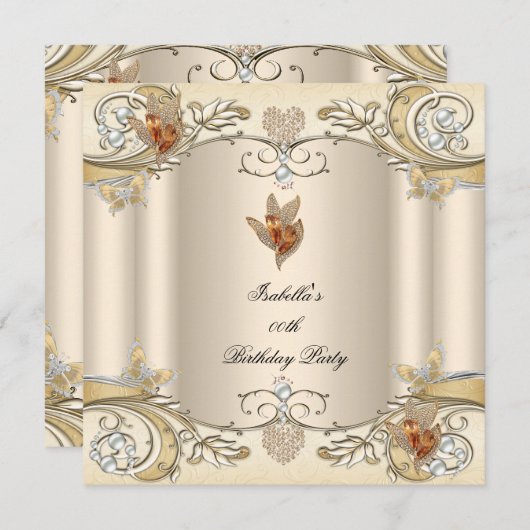 クリームベージュエレガント金ゴールドバタフライバースデーパーティー 招待状 (正面/裏面)