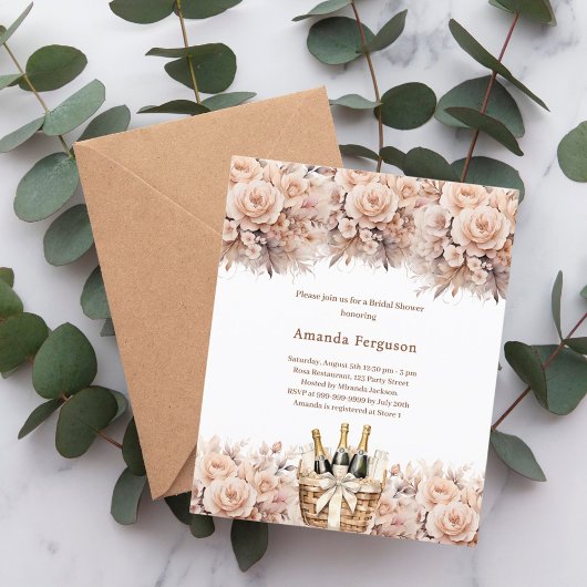 クリームベージュバラバブーブリーブライダルシャワー招待