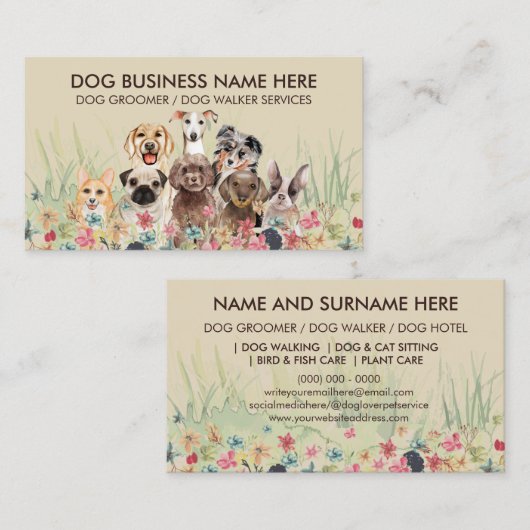 クリームベージュペットシッター犬ペトケア 名刺 (正面/裏面)