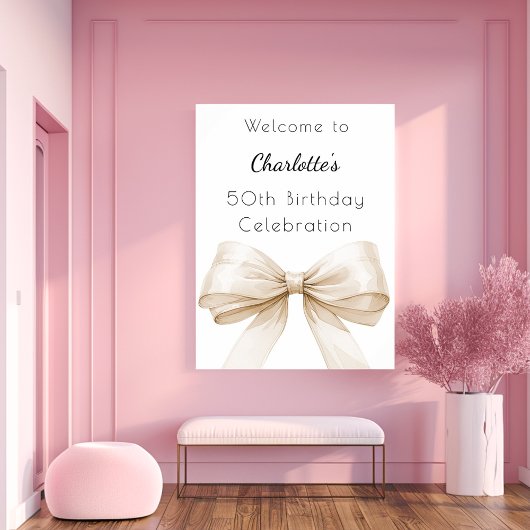 クリームベージュボウ白い誕生日パーティーへようこそ ポスター