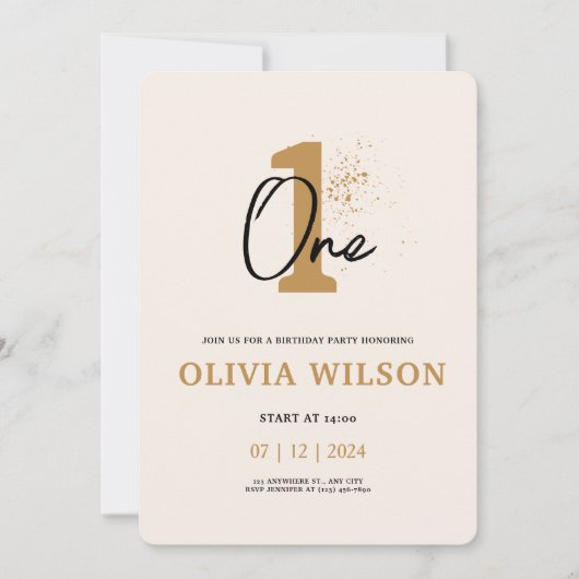 クリームベージュミニマリストエステティックファースト誕生日 招待状 (正面)