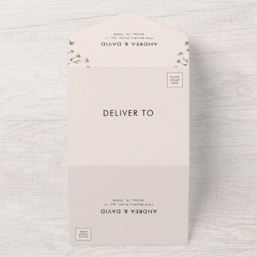 クリームベージュワイルドフラワーアーチフォトQRコード結婚ズ オールインワン招待状 (外側)