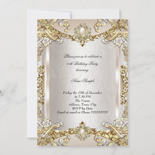 クリームベージュ金ゴールドパールダマスクバースデーパーティー2 招待状 (裏面)