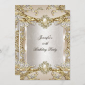 クリームベージュ金ゴールドパールダマスクバースデーパーティー2 招待状 (正面/裏面)