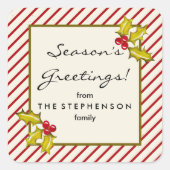 クリームペパーミントストライプーホリークラシッククリスマス スクエアシール (正面)