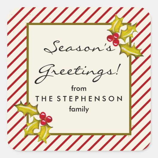 クリームペパーミントストライプーホリークラシッククリスマス スクエアシール (正面)