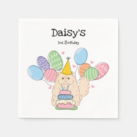 クリームペルシャ猫ロングヘア誕生日紙ナプキンス スタンダードカクテルナプキン (正面)