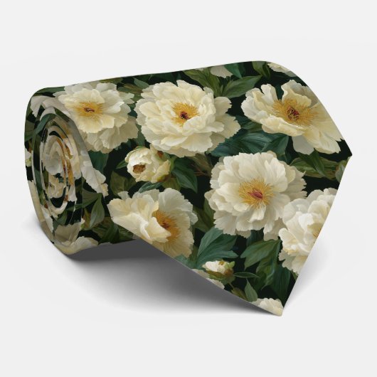 クリームホワイトの芍薬のフラワーパターン ネクタイ (ロール)
