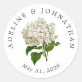 クリームホワイトアジサイ結婚の名前とデート ラウンドシール (正面)