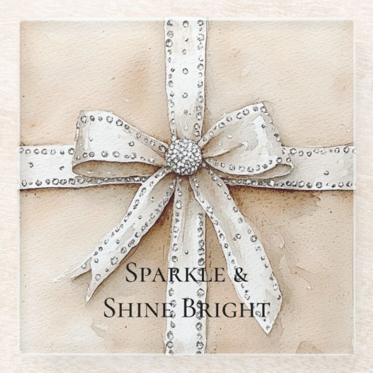 クリームホワイトシルバーグリジーグラムボウ誕生日 ガラスコースター (正面)