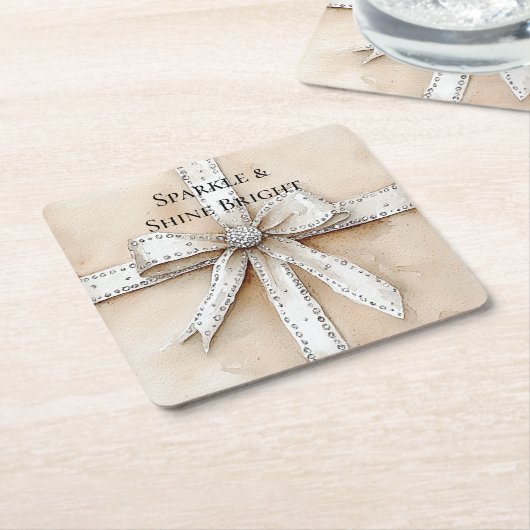 クリームホワイトシルバーグリジーグラムボウ誕生日 スクエアペーパーコースター (アングル)